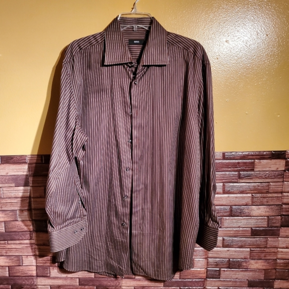 Hugo Boss Sz 17- 32/33 Brown Striped Button Up Men's Shirt